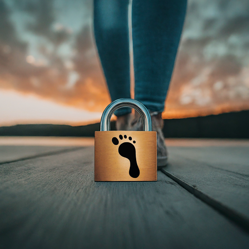 Think Before You Share Online Safety for Teens A padlock with a footprint symbol at the foreground, with a person walking away in the background, symbolizing the protection of one's digital footprint.