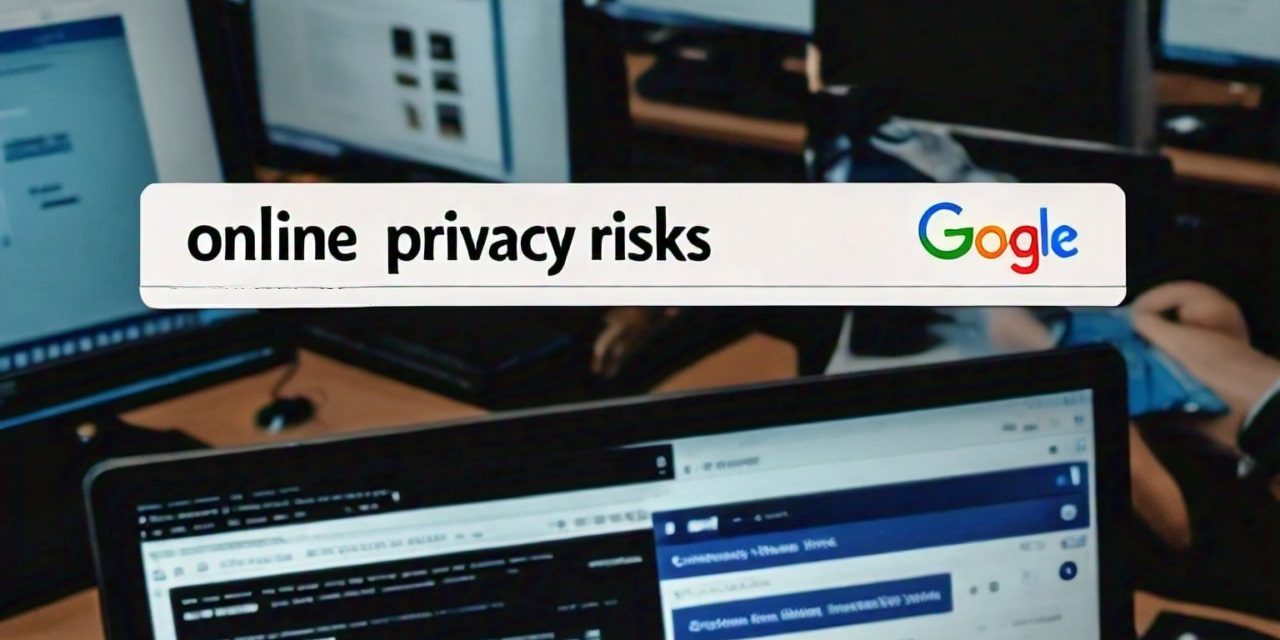 online privacy risks A bustling computer lab with multiple screens displaying various websites and a search bar overlay with the phrase 'online privacy risks' typed into a Google search field.