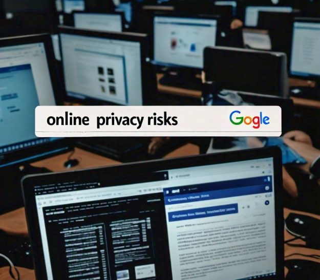 A bustling computer lab with multiple screens displaying various websites and a search bar overlay with the phrase 'online privacy risks' typed into a Google search field.