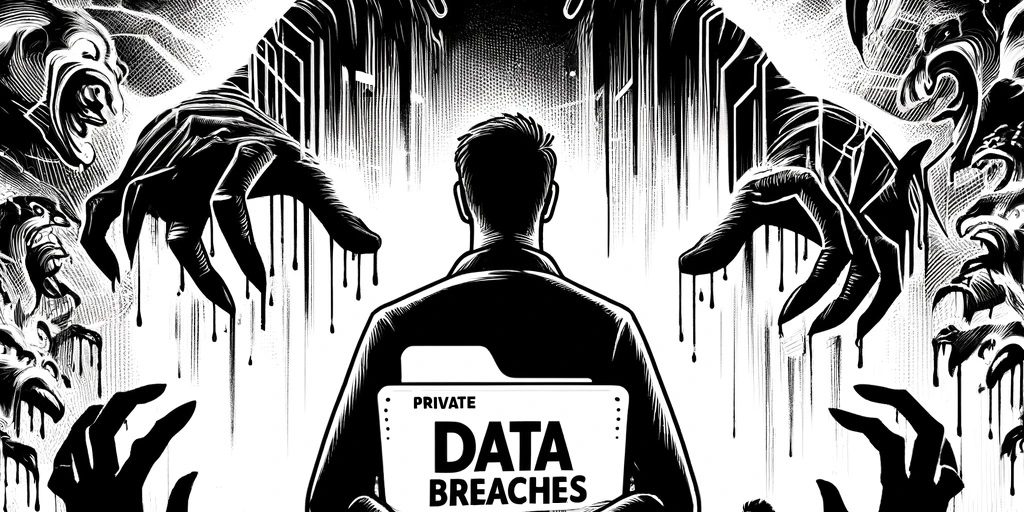 Black and white illustration of a person clutching a folder marked 'PRIVATE' while shadowy figures representing hackers reach towards them, under the bold text 'DATA BREACHES', emphasizing the urgency of protecting private information.