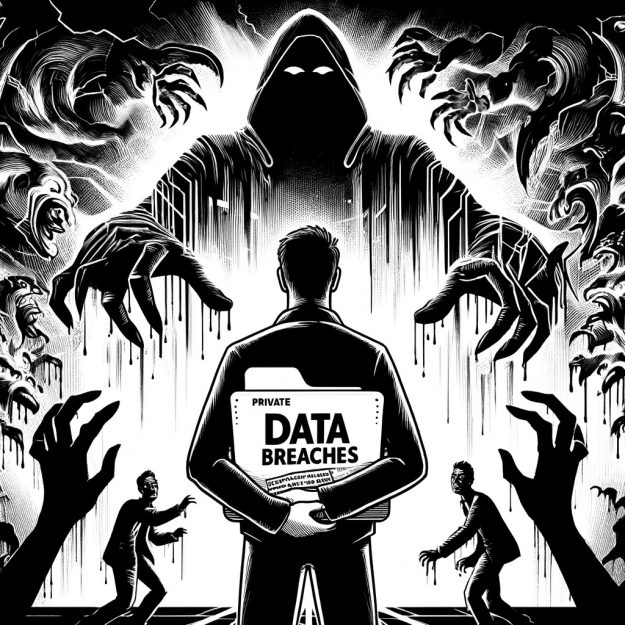 Protect Your Privacy with Wiperts Data Breaches and Personal Security Black and white illustration of a person clutching a folder marked 'PRIVATE' while shadowy figures representing hackers reach towards them, under the bold text 'DATA BREACHES', emphasizing the urgency of protecting private information.