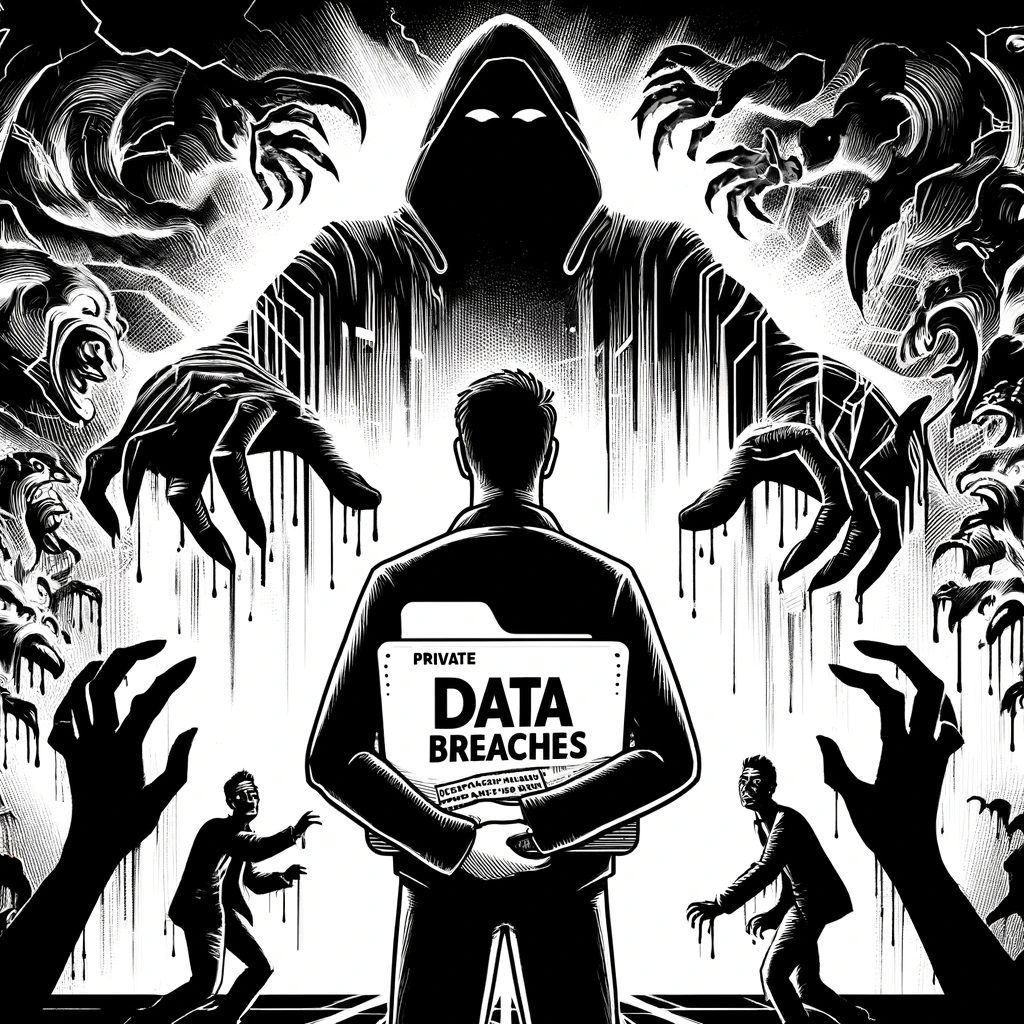 Protect Your Privacy with Wiperts Data Breaches and Personal Security Black and white illustration of a person clutching a folder marked 'PRIVATE' while shadowy figures representing hackers reach towards them, under the bold text 'DATA BREACHES', emphasizing the urgency of protecting private information.