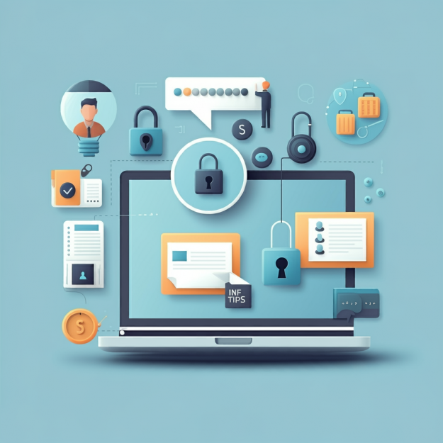 A stylized illustration of a laptop surrounded by privacy icons such as padlocks, secure files, and user profile data, representing advanced strategies to protect personal information online.