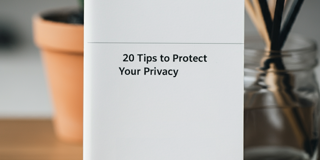 20 Tips to Protect Your Privacy from Attribute Inference Attacks A booklet titled "20 Tips to Protect Your Privacy" displayed on a wooden desk with a potted plant and pencils in the background.