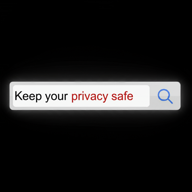 A search bar with the phrase "Keep your privacy safe" highlighting the importance of secure and private online searches.