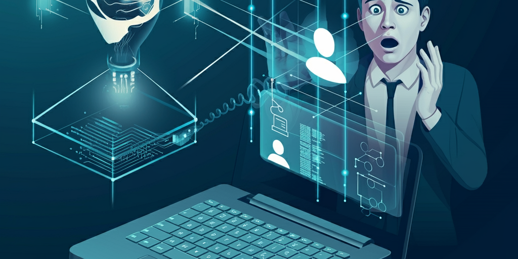 Illustration of a surprised individual observing data extraction from a laptop, symbolizing attribute inference attacks revealing sensitive information through advanced AI and data analytics.