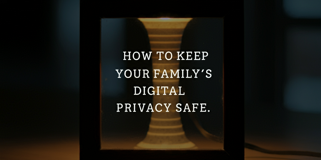 A softly lit display with the text "How to Keep Your Family’s Digital Privacy Safe," symbolizing the importance of protecting family data in the digital world.