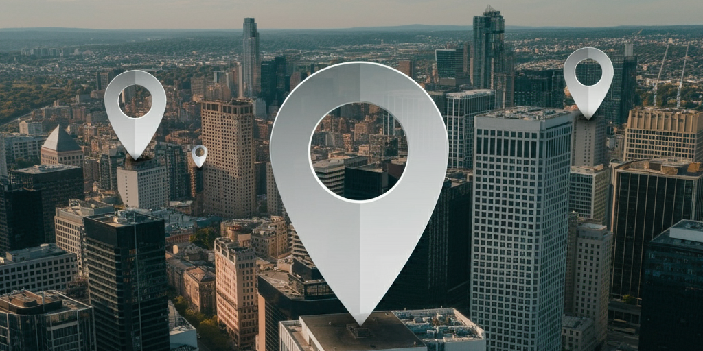 How to Keep Your Location Private and Safe A cityscape with large location pins symbolizing digital tracking and the importance of protecting location privacy.