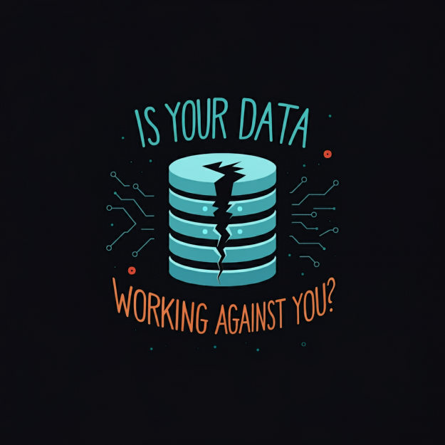 Illustration of a cracked data storage icon with the question "Is your data working against you?" highlighting data privacy concerns.