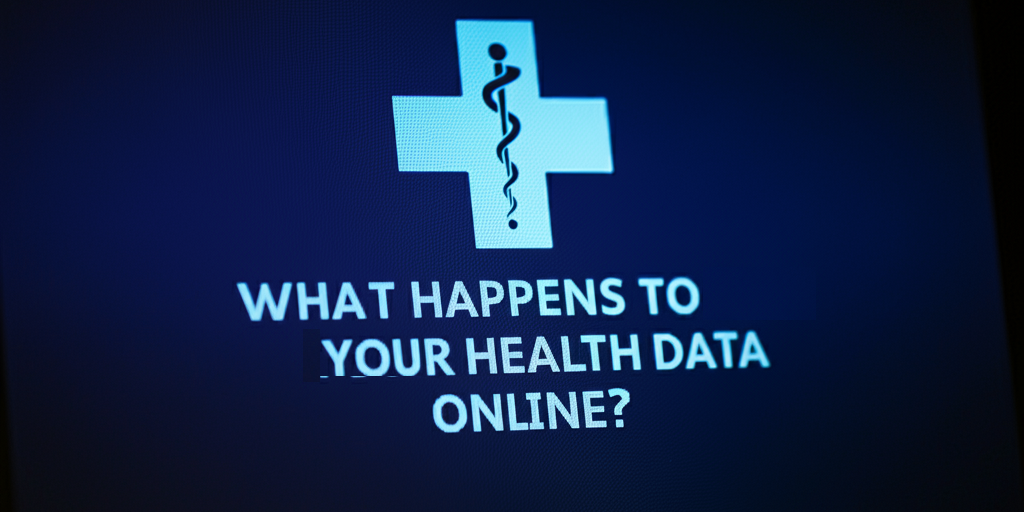 What Happens to Your Health Data Online A digital screen displaying the question "What happens to your health data online?" with a medical cross and caduceus symbol, emphasizing health data privacy.