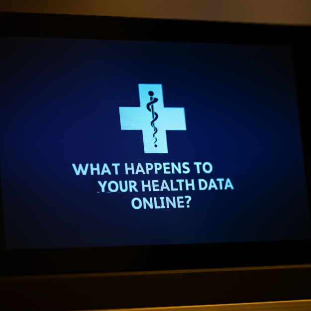 What Happens to Your Health Data Online A digital screen displaying the question "What happens to your health data online?" with a medical cross and caduceus symbol, emphasizing health data privacy.