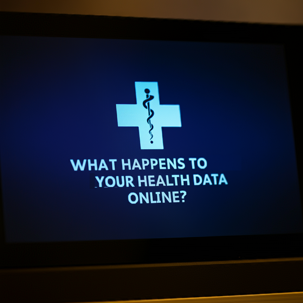 A digital screen displaying the question "What happens to your health data online?" with a medical cross and caduceus symbol, emphasizing health data privacy.