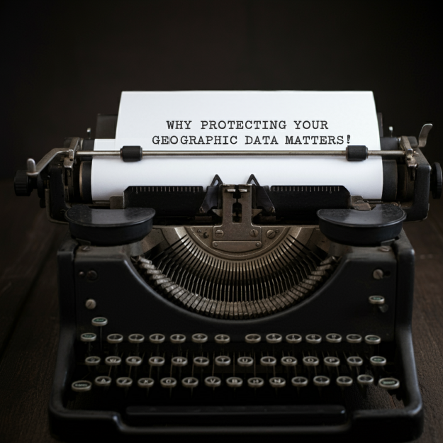 Why Protecting Your Geographic Data Matters A vintage typewriter with a paper that reads "Why Protecting Your Geographic Data Matters," symbolizing the importance of geographic data privacy.