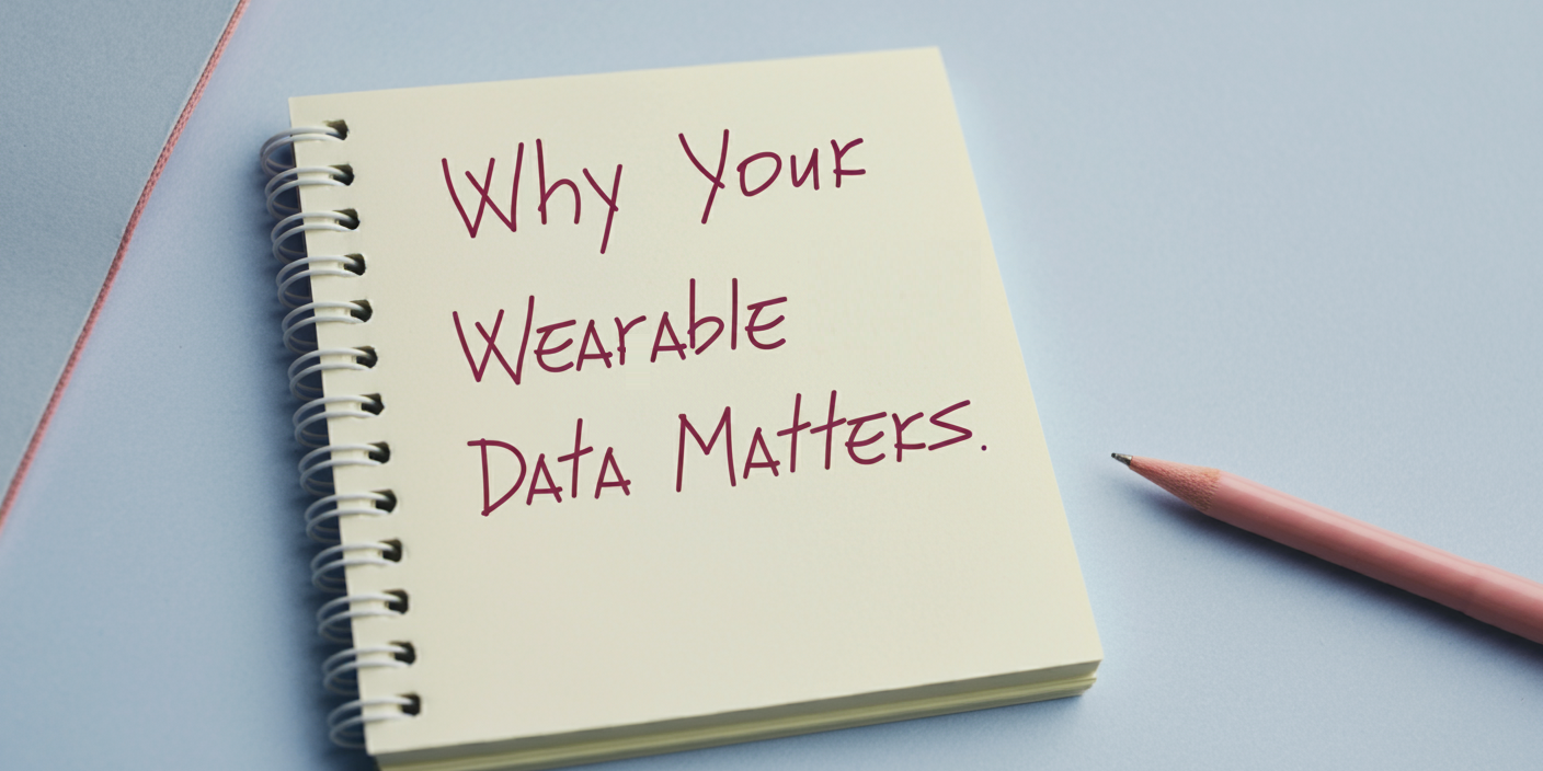 A notebook with "Why Your Wearable Data Matters" written on it, next to a pink pencil, emphasizing the importance of understanding wearable data privacy.