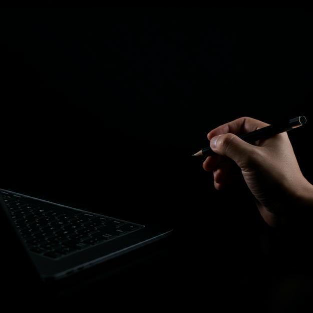 How Event Logs Can Expose Your Privacy A hand holding a pen next to a laptop in a dark setting, symbolizing the risks of personal data exposure through event logs.