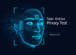 A digital face with glowing blue circuits and QR codes, representing online privacy and data security, with the text "Take Online Privacy Test" and Wiperts.com branding.