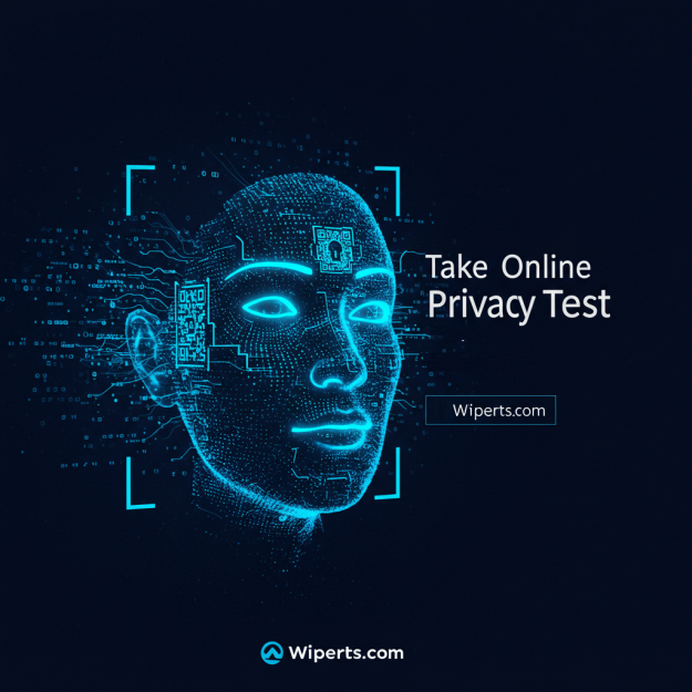 Take the Online Privacy Test โ Protect Your Digital Identity A digital face with glowing blue circuits and QR codes, representing online privacy and data security, with the text "Take Online Privacy Test" and Wiperts.com branding.