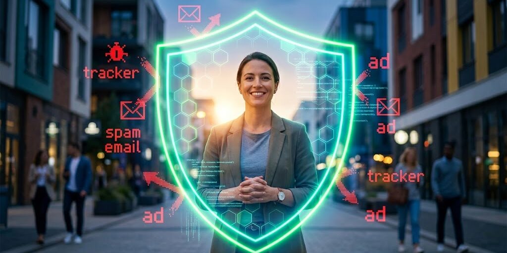 A confident person surrounded by a glowing neon green digital shield, effortlessly deflecting trackers and representing the awesome superpower of online privacy.