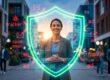 A confident person surrounded by a glowing neon green digital shield, effortlessly deflecting trackers and representing the awesome superpower of online privacy.