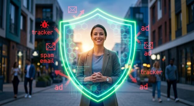 A confident person surrounded by a glowing neon green digital shield, effortlessly deflecting trackers and representing the awesome superpower of online privacy.