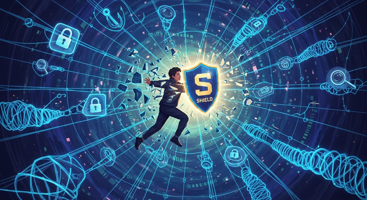 A confident person bursting through a web of digital locks and tracking traps.