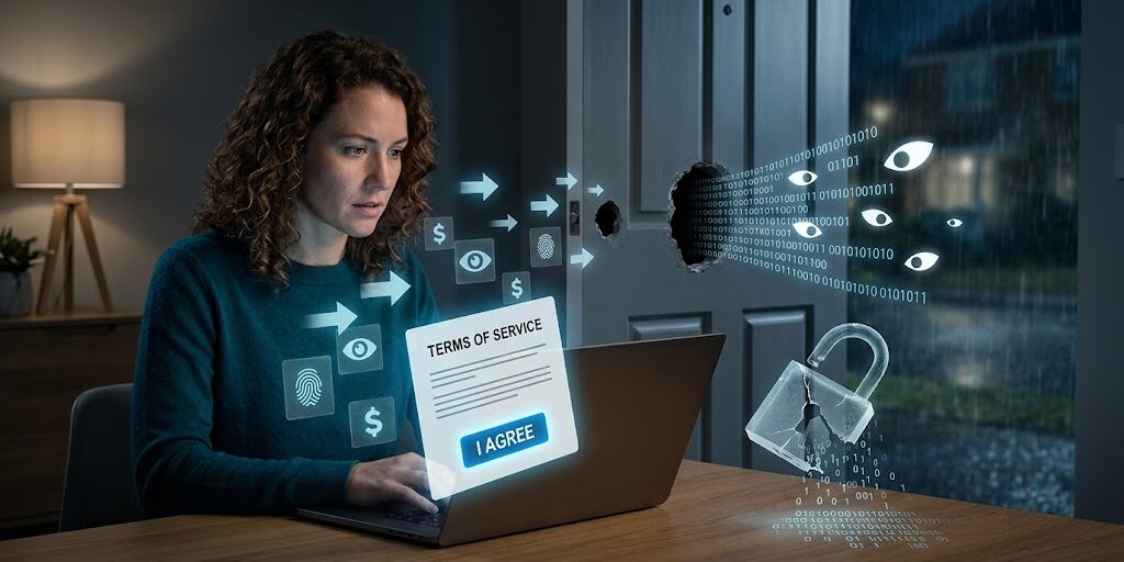 A person sitting at a laptop clicking an 'I Agree' button, while the lock on their front door dissolves into digital code, symbolizing the loss of online privacy.