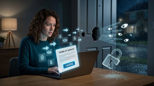 A person sitting at a laptop clicking an 'I Agree' button, while the lock on their front door dissolves into digital code, symbolizing the loss of online privacy.