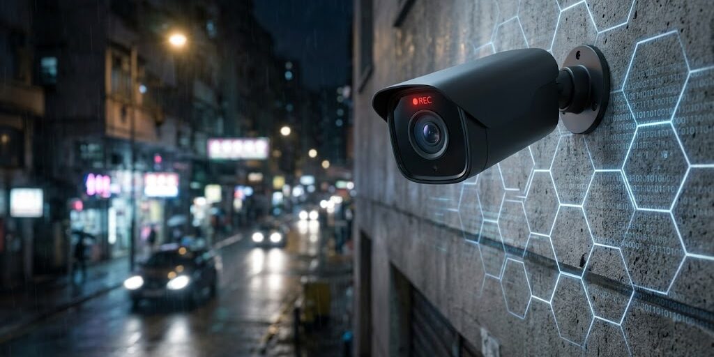 A glowing security camera projecting digital facial recognition grids in a dark city, representing the invasive tracking of personal data.
