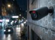 A glowing security camera projecting digital facial recognition grids in a dark city, representing the invasive tracking of personal data.
