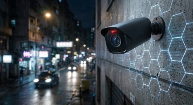 A glowing security camera projecting digital facial recognition grids in a dark city, representing the invasive tracking of personal data.