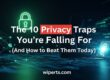 Text reading "The 10 Privacy Traps You're Falling For (And How to Beat Them Today)" next to a silhouette of a person on a laptop with a glowing green neon padlock, highlighting Wiperts.com internet privacy solutions and data deletion.