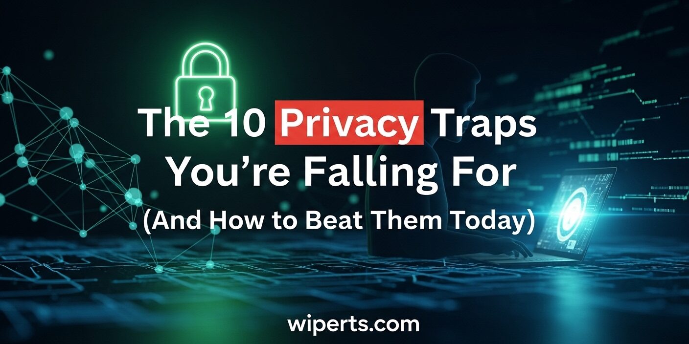 Text reading "The 10 Privacy Traps You're Falling For (And How to Beat Them Today)" next to a silhouette of a person on a laptop with a glowing green neon padlock, highlighting Wiperts.com internet privacy solutions and data deletion.