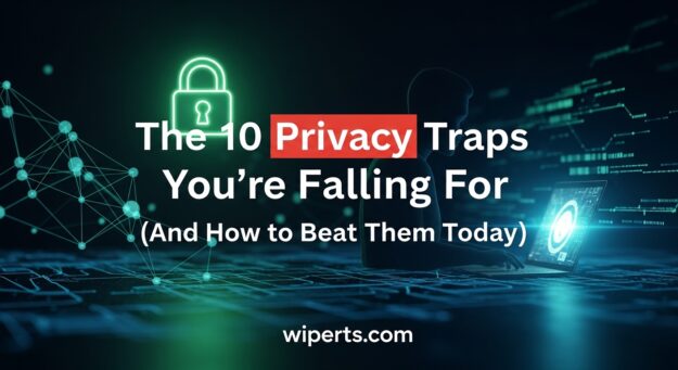 Text reading "The 10 Privacy Traps You're Falling For (And How to Beat Them Today)" next to a silhouette of a person on a laptop with a glowing green neon padlock, highlighting Wiperts.com internet privacy solutions and data deletion.