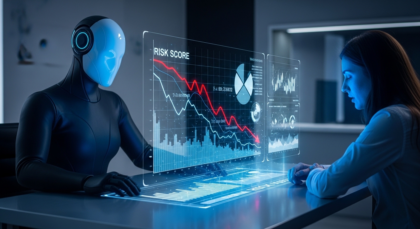 A robotic figure evaluating a person's plummeting risk score on a holographic display