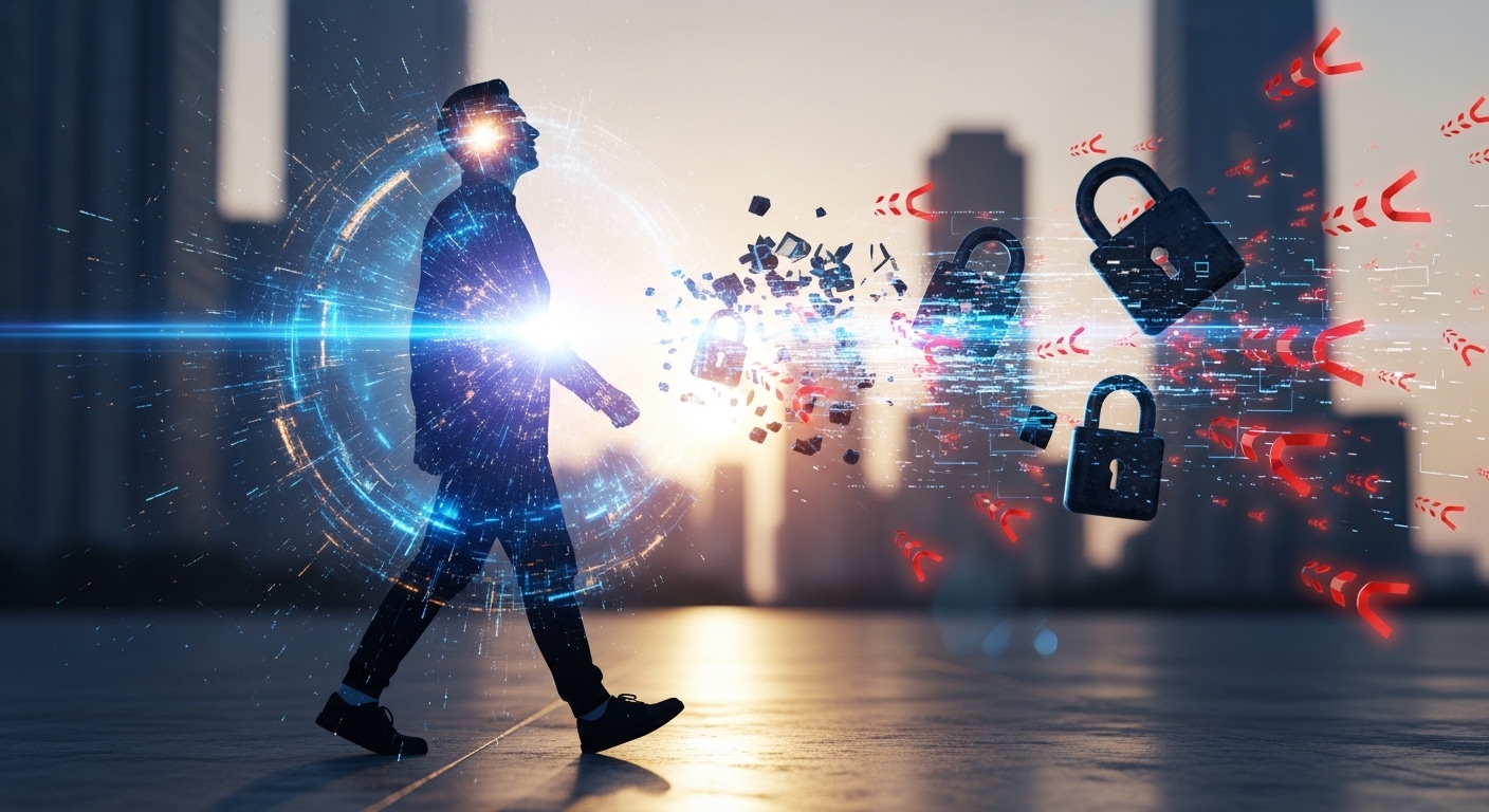 A person walking confidently forward, surrounded by a glowing digital aura that repels floating padlocks and data streams
