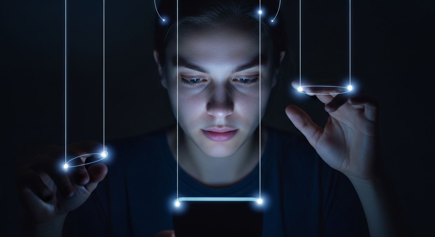 A person looking at their glowing smartphone with digital marionette strings attached to their hands and head