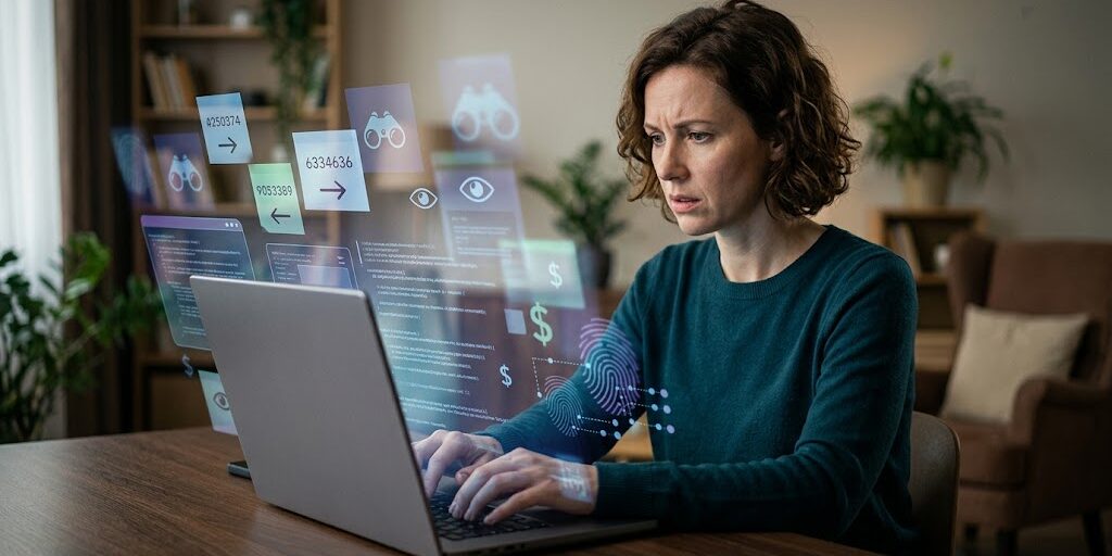 A woman typing on a laptop in a dimly lit room, surrounded by floating, glowing digital eyes, code, and tracking symbols representing invisible data brokers invading her online privacy.
