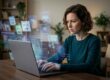 A woman typing on a laptop in a dimly lit room, surrounded by floating, glowing digital eyes, code, and tracking symbols representing invisible data brokers invading her online privacy.