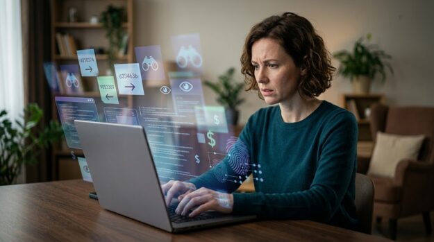A woman typing on a laptop in a dimly lit room, surrounded by floating, glowing digital eyes, code, and tracking symbols representing invisible data brokers invading her online privacy.
