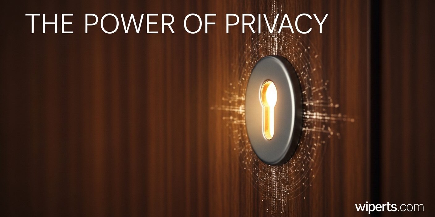 A highly detailed close-up of a solid wood door featuring a glowing, digital keyhole emitting tech-like light rays, with the text "THE POWER OF PRIVACY" and the Wiperts.com logo, representing strong internet security and data protection.