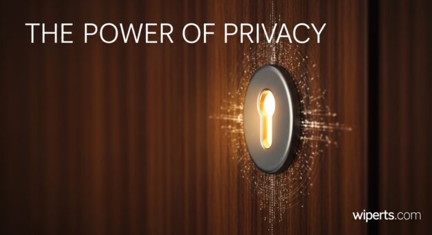 A highly detailed close-up of a solid wood door featuring a glowing, digital keyhole emitting tech-like light rays, with the text "THE POWER OF PRIVACY" and the Wiperts.com logo, representing strong internet security and data protection.