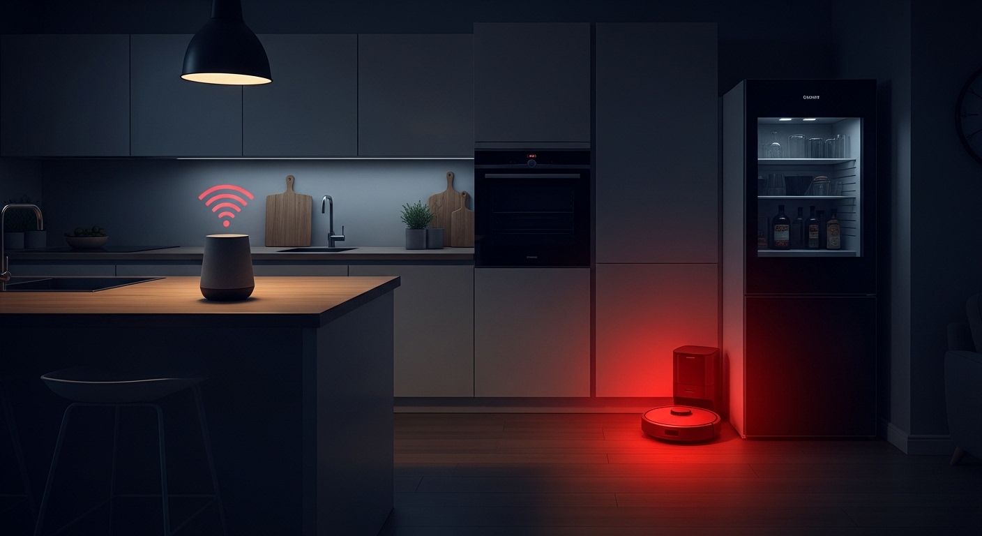 A dark kitchen with a smart speaker and robot vacuum glowing ominously red