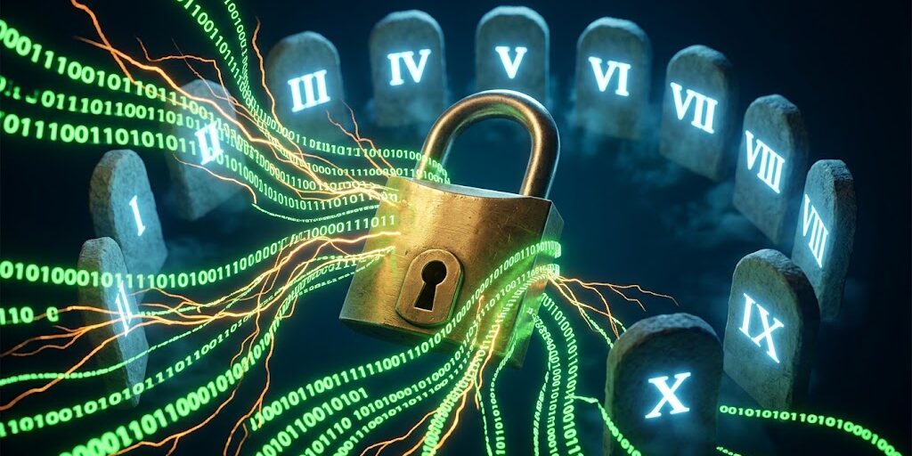 A heavy brass padlock surrounded by chaotic neon data streams and glowing tablets with Roman numerals, symbolizing the Ten Commandments of online privacy.
