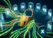 A heavy brass padlock surrounded by chaotic neon data streams and glowing tablets with Roman numerals, symbolizing the Ten Commandments of online privacy.