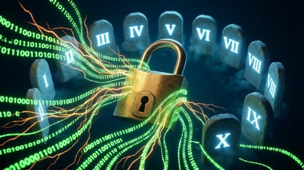 A heavy brass padlock surrounded by chaotic neon data streams and glowing tablets with Roman numerals, symbolizing the Ten Commandments of online privacy.