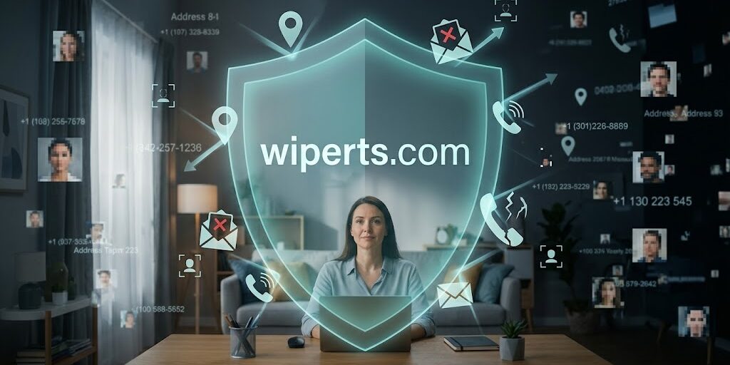A person sitting calmly behind a glowing blue digital shield with the text wiperts.com on it, safely blocking location pins, spam icons, and trackers.