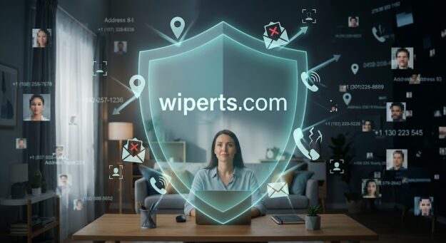 A person sitting calmly behind a glowing blue digital shield with the text wiperts.com on it, safely blocking location pins, spam icons, and trackers.